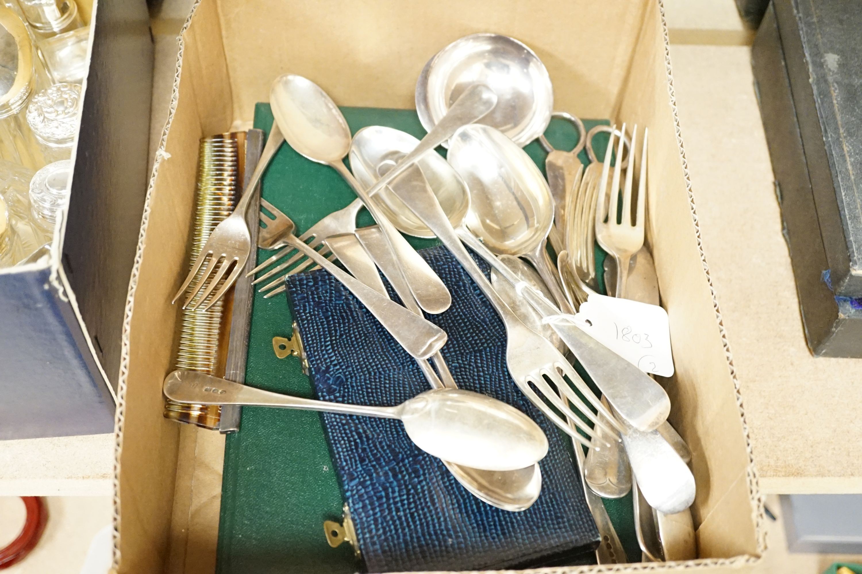 A mixed collection of sundry English silver to include unboxed flatware, a cased set silver teaspoons with tongs, further boxed cutlery including plated a four piece silver and enamel mounted glass dressing table set (en